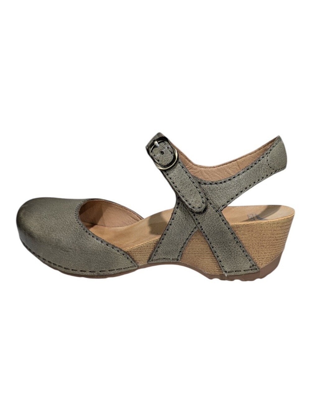 Dansko Tiffani Sage Green Stapled Clog Sandal Heel Arch Support Size 38 7.5 8